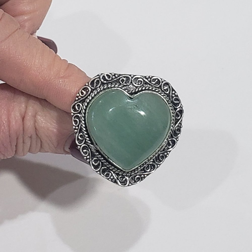 Green heart ring, 925 silver green apatite vintage heart gemstone ring